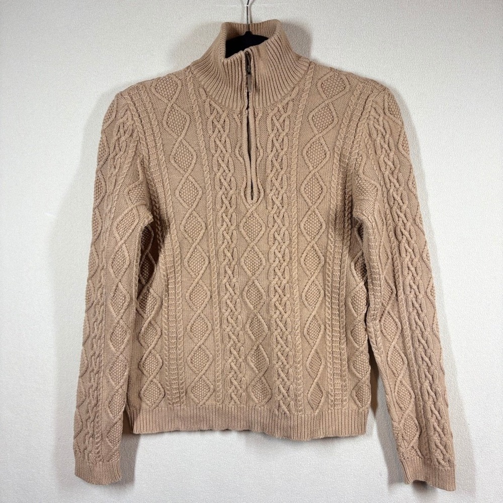 Vtg Lauren Ralph Lauren Tan Cotton Cable Knit Quarter Zip Sweater Womens Medium